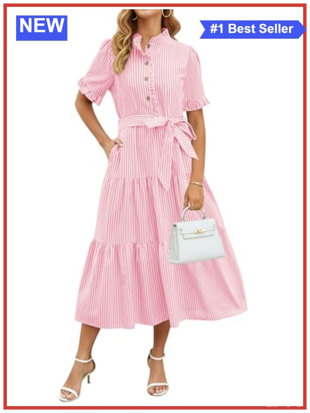 Womens 100% Cotton Striped Button Down Maxi Dress Ruffle Sleeve - Picture 1 of 5